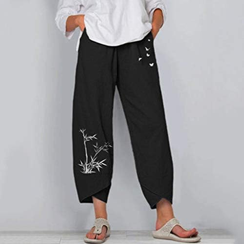 Etkia feminino capri leggings reta-perna com cintura elástica Capri linho calça de calça de linho com bolsos calças largas de perna