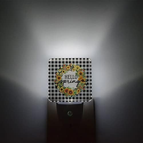 Luz noturna para crianças, coroa de girassol Hello Spring On Black White Plaid Led Night Light Plug na parede com sensores