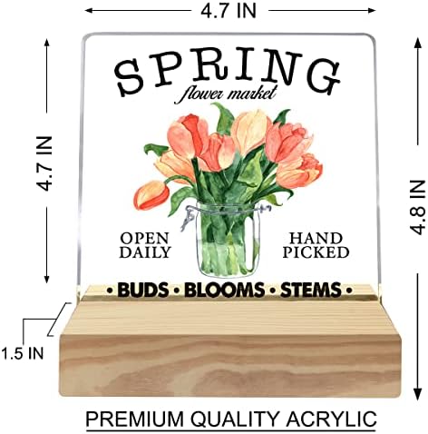 Decoração da mesa do mercado de flores de primavera, placa de placa acrílica da primavera com decoração de mesa de madeira