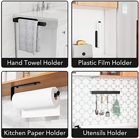 Suporte para toalhas de papel-auto-adesivo ou perfuração, papel de papel de papel de parede, preto fosco, toalha de cozinha sob o armário, adequada para despensa, cozinha, banheiro