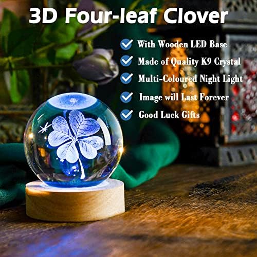 IFOLAINA 3D de quatro folhas Crystal Ball 60mm Bom sorte Ideas com base de iluminação multicolorida