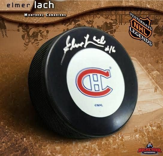 Elmer Lach assinou Montreal Canadiens Puck - Pucks autografados da NHL