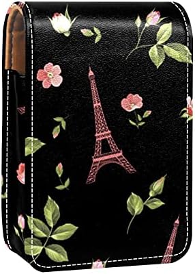 Flores vermelhas folhas Eiffel Tower Lipstick Case Batom Box Solder com espelho, bolsa de brilho labial portátil, kit de armazenamento cosmético de couro impermeável para bolsa