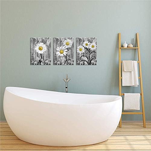 IHACKYWALL 3 peças Arte da parede da parede Amarelo margarida cinza Flores e cinza Floral Cinza impressão em tela para decoração de cozinha de banheiro rústica esticada e emoldurada pronta para pendurar 12x16inChx3pcs