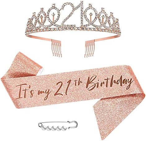 Ceqiny 21º aniversário Sash Tiara e coroas para meninas, rainha de aniversário Tiara de ouro rosa, Princesa Tiara Rhinestone
