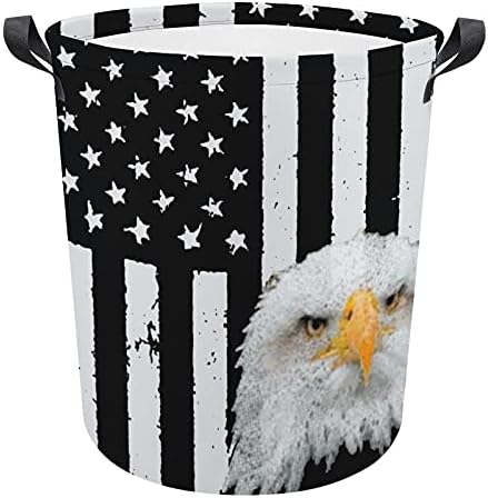 Vintage American Flag Bald Eagle Basket Laundry Horter With Handles Lata de armazenamento de tecido de lona Round para