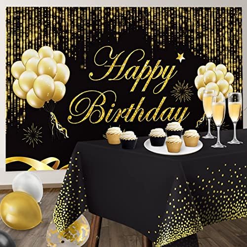 Conjunto de decorações de festas de aniversário preto e dourado, banner de pano de fundo preto e dourado, kit de guirlanda de balão