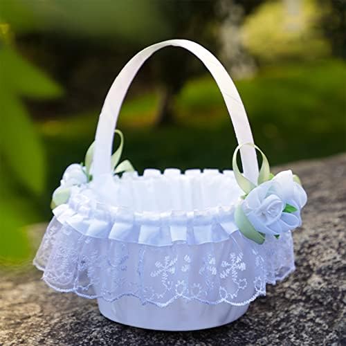 FOFETBFO Branco Cestas de Flores de Flores de Casamento, cesta de armazenamento de flores de cetim com renda e alça, cesta