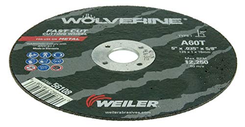 Weiler 56108 5 x 0,035 Wolverine tipo 1 Roda de corte fina, A60T, 5/8 A.H.