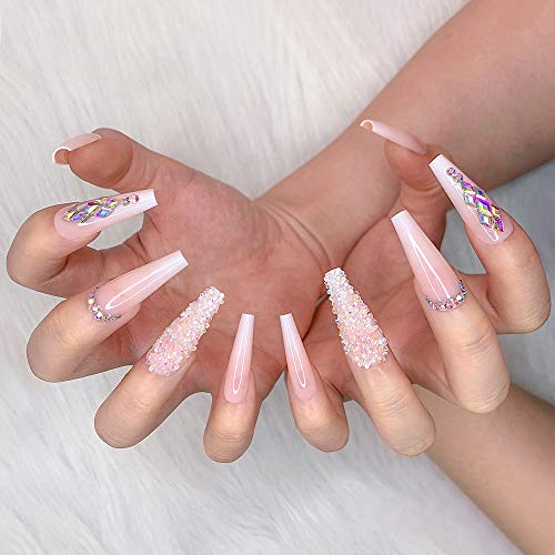 ArtQuee 24pcs francês nude bailarina branca flash diamond cristal longa caixão luminoso flash unhas falsas pressione na unha dicas falsas manicure para mulheres e meninas