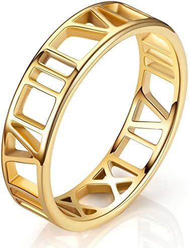 Anel de números romanos de 6 mm de 6 mm - jóias de anel delicado e durável de aço inoxidável - anel oco do dedo - design exclusivo e perspectiva elegante