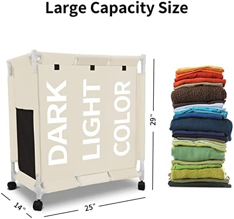 LifeLum Laundry Horter 3 Bag Laundry Cirrador Carrinho, cesta de classificação de cesto de roupa com rodas rolantes de travamento pesado para armazenamento de roupas