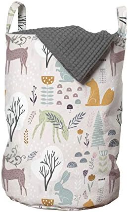Bolsa de lavanderia da floresta lunarável, design colorido de veados de esquilo de coelho de criaturas e plantas da vida