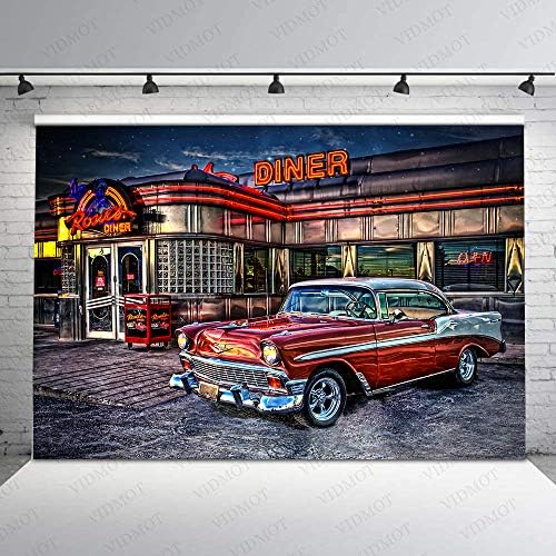 Vidmot 50's Rock Roll Diner Backdrop 1950s Vintage Cardrop Retro nostalgia Photography Background 7x5ft Classic Car Party Party Decorações fotográficas Foto de fundo Props Decor de festa BJLLVV34