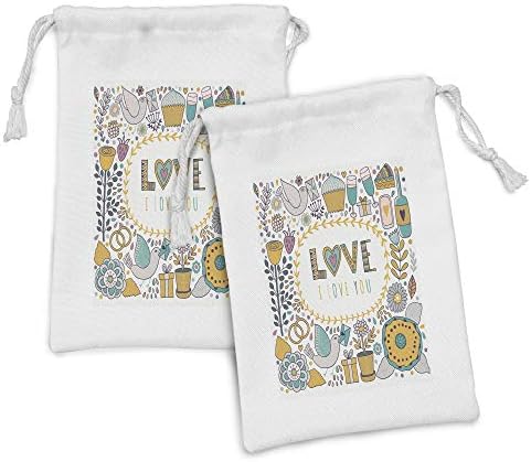 Ambesonne Valentines Fabric bolsa Conjunto de 2, eu te amo mensagem Boho Doodle Flowers Birds Cupcakes Birthday Champagne,