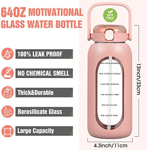 Garrafa de água de vidro de 64 oz de 64 oz com palha - garrafa de água de meio galão com maçaneta e manga de silicone - grande garrafa de água de vidro motivacional com medições e marcador de tempo - Jarro de água reutilizável