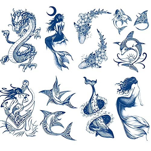 Tatuagens semi-permanentes de sereia, 8 folhas de 8 folhas de tatuadores de tubarão infinita à base de plantas,