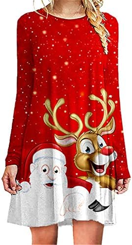 Andongnywell Vestidos de Natal para mulheres T-shirt de manga longa Xmas de Natal Impressa Casual Swing Skyt