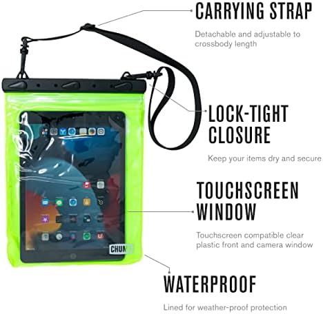 Flums Splash Bag Tablet - comprimido resistente à água e suporte para iPad - Bolsa seca de armazenamento eletrônica grande com fechamento de trava e capacidade de tela sensível ao toque - verde