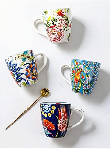 DNATS pintados à mão Cerâmica de café da manhã Copo 550ml de grande capacidade Padrão de flor Oatmeal Caneca de porcelana branca