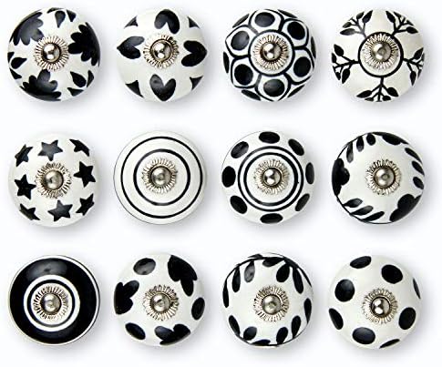 Knobknob Conjunto de 12 botões de cerâmica artesanais | 3 botões de armário de cerâmica de design de cores | A gaveta puxa para casa, cozinha, banheiro ou escritório | Botões de gavetas vêm com chave inglesa, tampa de parafuso e parafusos extras
