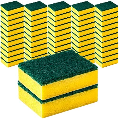 Decorrack 56 Esponjas de limpeza para cozinha, pratos, banheiro, lavagem de carros, uma esfrega de um lateral absorvente, pratos de esponja de lavagem abrasiva, serviço pesado, amarelo verde