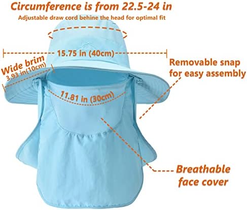 UPF 50+ Sun Fishing Hat for Men Women Wide Brim Hat com cobertura destacável e aba do pescoço