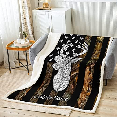 Cobertores de cama de veado personalizados com nome queen 90 x90 personalizada bandeira de bandeira americana na floresta americana