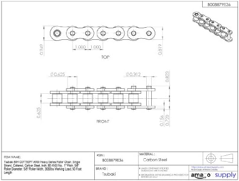Tsubaki 80HC50 ANSI Pesada Chain de rolos, fita única, cottered, aço carbono, polegada, 80 ANSI No., 1 Pitch, 5/8
