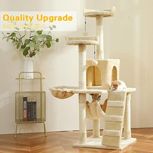 Kzlaa 53in Cat Tree Tower Tower Furniture Scratch Post com corda de sisal natural, rede e berço para gatinhos de gatos, suporte