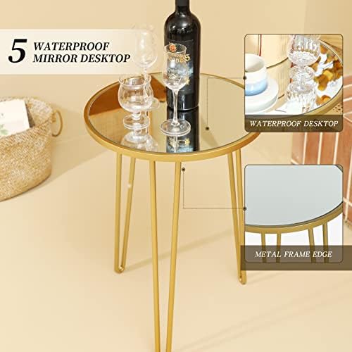 Palama Small Side Table para sala de estar, mesa de acento espelhado, Decoração de casa moderna mesa de vidro pequeno, montagem fácil mesa de ouro, mesa lateral espelhada