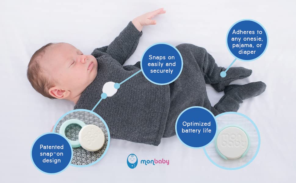 Monitor de movimento de bebê inteligente Monbaby: rastreia o movimento abdominal, a rolagem e a posição de dormir.