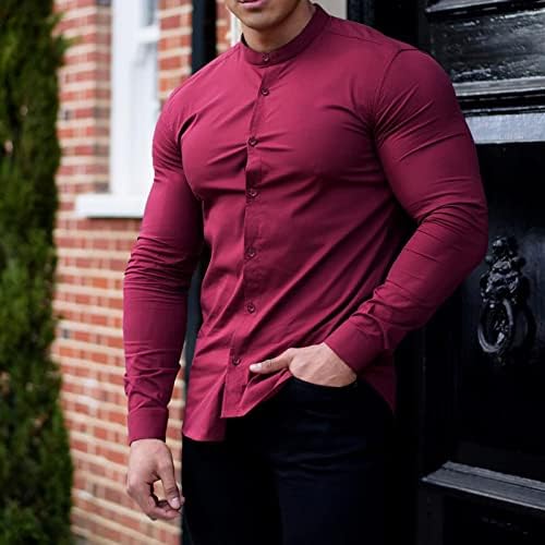 Muscle Fit Camisetas Musculares sem rugas de manga longa Button Casual Down Camisa Moda Moda Sóio Solução Colar