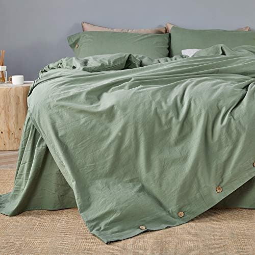 Jellymoni verde lavado conjunto de tampa de edredão de algodão, 3 peças de cama macia de luxo com fechamento de botões.