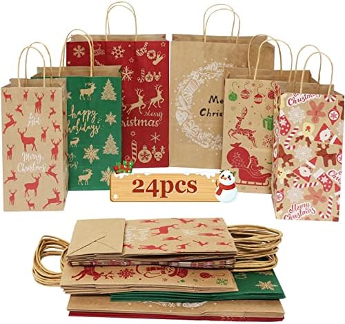 Sacos de presente de Natal YDP tamanhos variados -24Count Kraft Bolds Gift com alça para embrulho de presente de Natal,