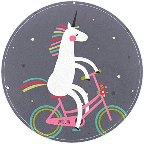Heoeh unicórnio fofo em uma bicicleta com uma juba de arco -íris, capacho não deslizante de 15,7 de tapete redondo tapetes tapetes tapetes para crianças quarto de bebê quarto berçário
