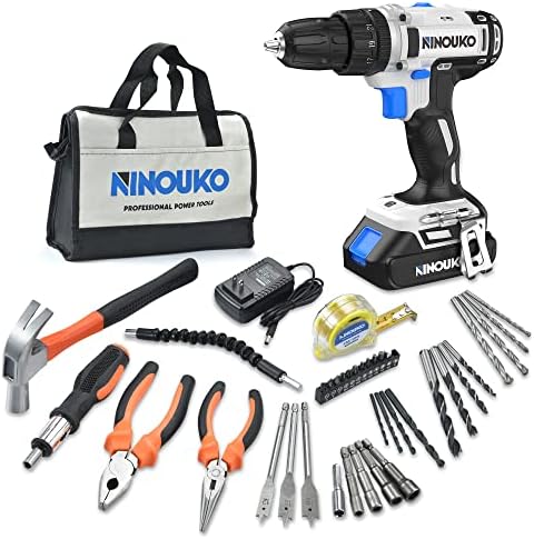 Ninouko Felless Power Brill, Driver de perfuração de impacto elétrico de 20V Conjunto com bateria e carregador rápido, 2 velocidade variável, 23+1+1 de torque, max 300 in-lbs, LED e 42pcs Bits Drill Bits Definir