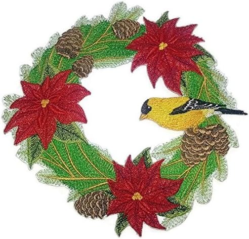 BeyondVision Custom Christmas Greats com cor de pássaro da natureza [Goldfinch e Grinalsa de Poinsettia] Ferro bordado/patch [8 8] [Feito nos EUA]
