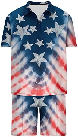Mens 4 de julho Camisas e camisas definidas no Dia da Independência Poço de duas peças Roupas American Flag Zip Up Polo Shirt