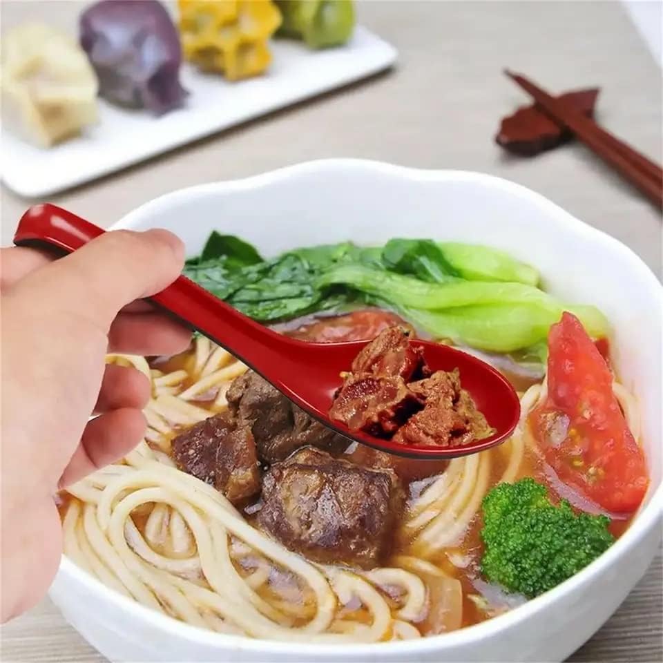 Pacote de 6 - Red e Preto, 6,5 polegadas de sopa asiática com gancho - colher de estilo coreano japonês chinês Fuji, perfeito