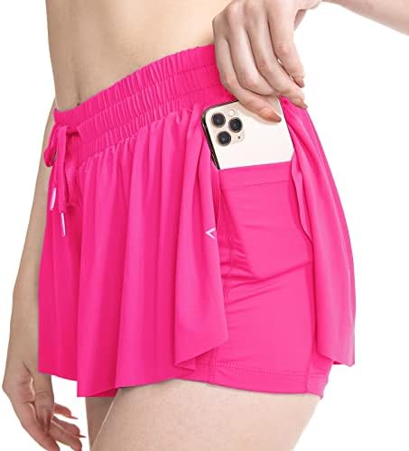 Tendências americanas 2 em 1 shorts esportivos para mulheres shorts de exercícios fluidos com bolsos forrados