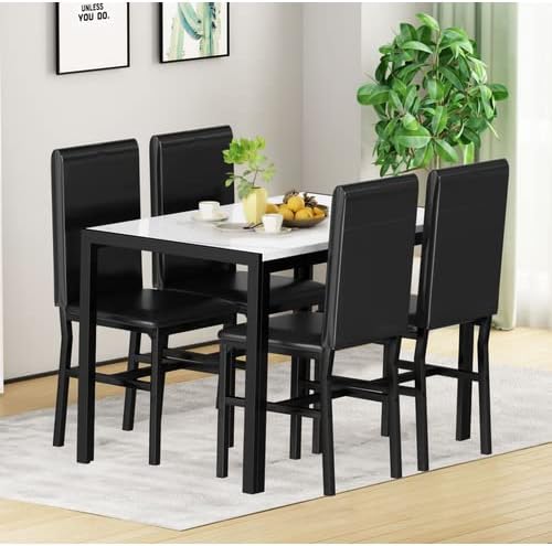 Mesa de jantar Lamerge Conjunto para 4, mesa de mármore falsa com 4 cadeiras de couro PU, mesa de cozinha e cadeiras