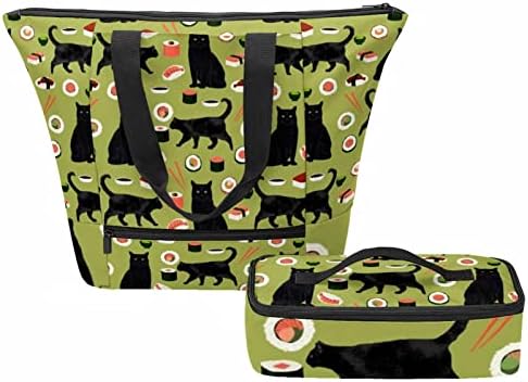 Lancheira tbouobt para mulheres homens, lancheiras isoladas, lancheiras reutilizáveis ​​para trabalho e viagens, desenho animado animal de gato preto sushi