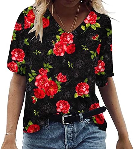 Camiseta solta para mulheres plus size floral estampa vil de pescoço de cola curta túnica túnica de verão camisas casuais