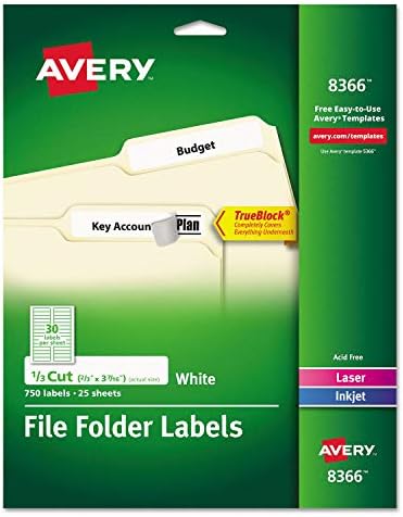 Avery 8366 Rótulos de arquivamento permanente, 1/3 corte, 750/pk, branco