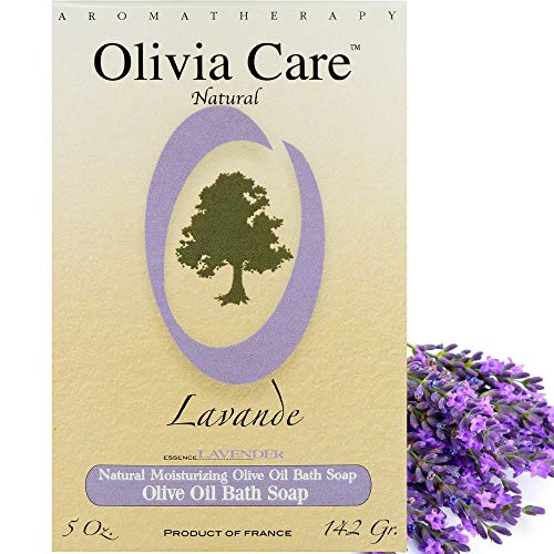 Sabão de barra de lavanda com azeite de oliveira por Olivia Care - de ingredientes naturais, orgânicos, veganos - para face e corpo. Miltado triplo prensado a frio. Hidratante, hidratante. Cálcio e vitaminas infundidas - 5 oz