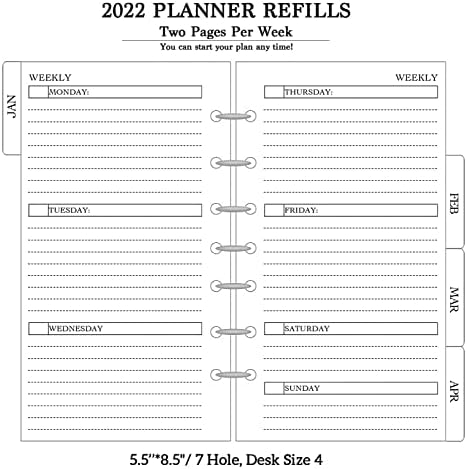 2022-2023 RECLAS DE PLANEIRO-REFILTE DE PLANEJAMENTO SEMANAL E MONSAL, A5 Planner Inserts, 5-1/2 x 8-1/2, tamanho
