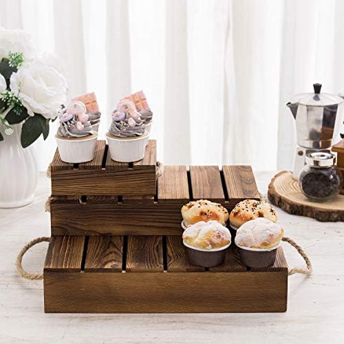 Mygift Burnt Whrent Rustic Bolo Stand Risers para exibição, paletes de madeira estilos de sobremesa em camadas, caixas de exibição de cupcake com alças de corda, conjunto de 3