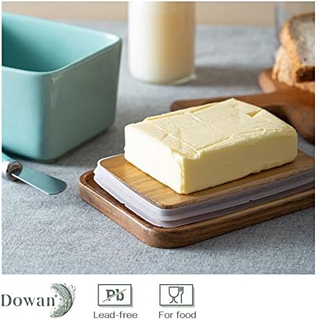 Prato de manteiga Dowan, prato de manteiga de cerâmica grande com tampa para bancada, guardião da manteiga da fazenda com faca e silicone
