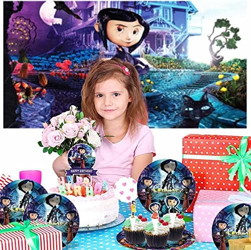 Lapteqiz Coraline Party Supplies Decorações de aniversário Placas Balões Decoração de cenários de bolo de bandeira, multicolor